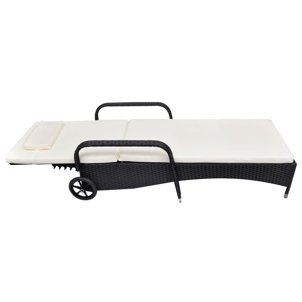 NNEVL Sun Lounger with Cushion & Wheels Poly Rattan Black